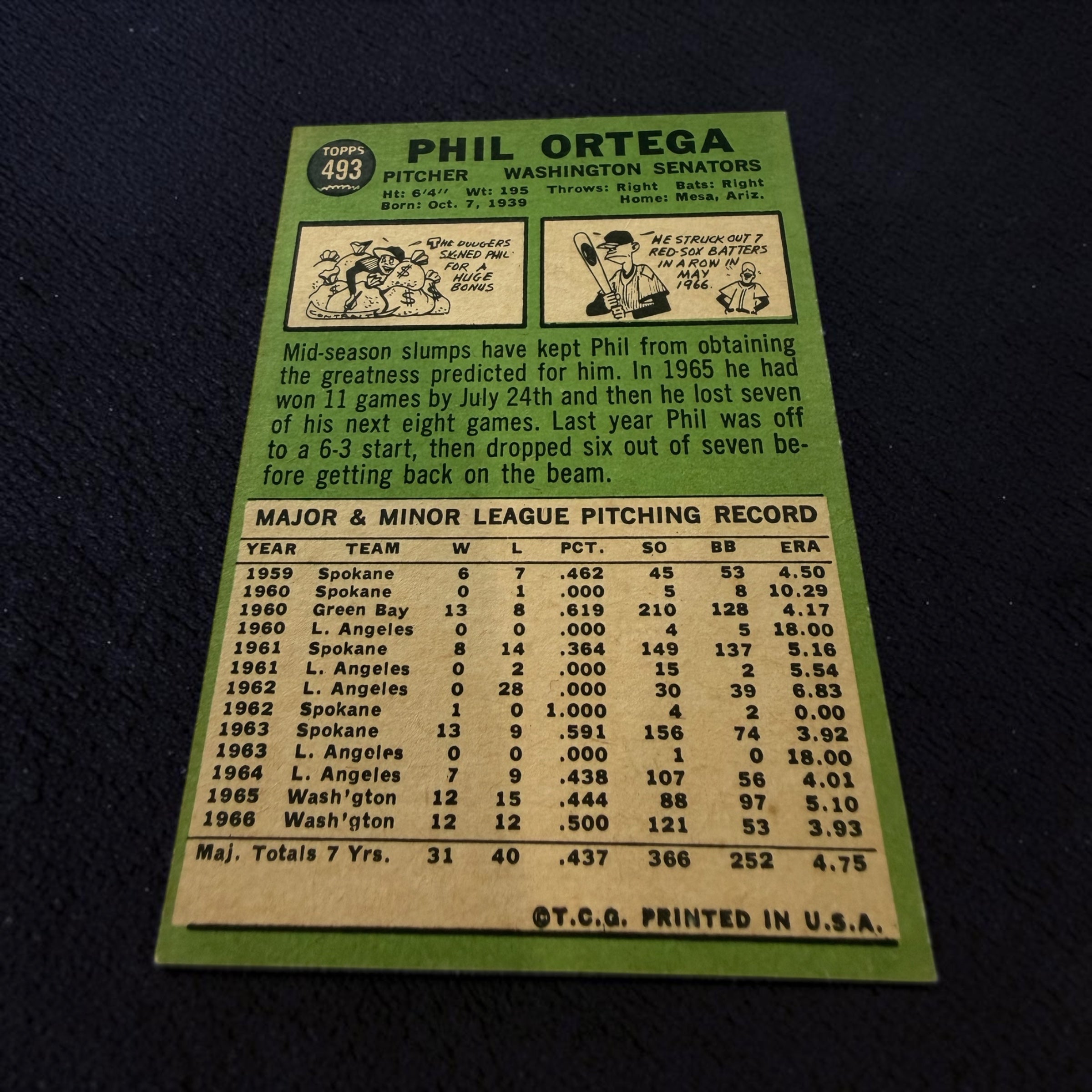1967 Topps #493 Phil Ortega Washington Senators Vintage Baseball Card MLB Original