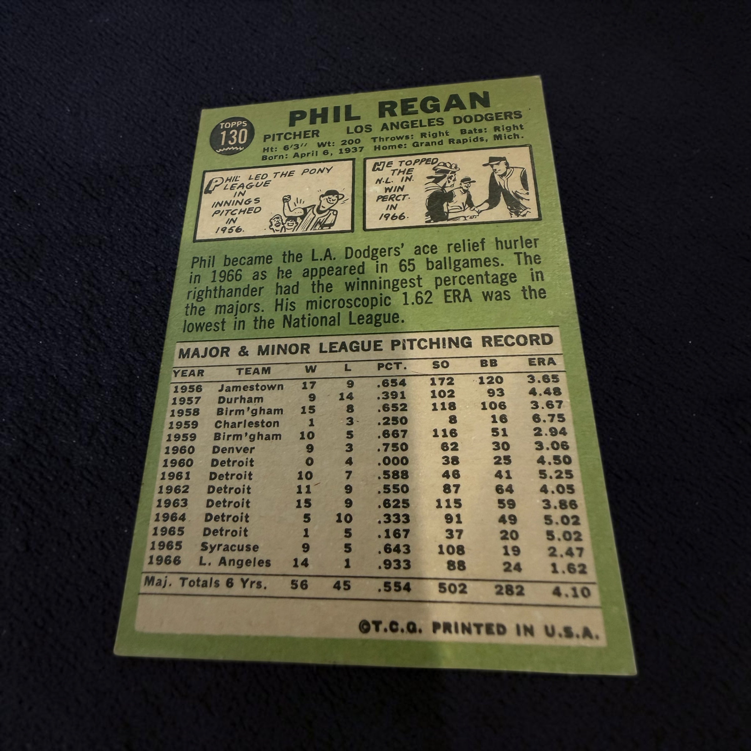 1967 Topps #130 Phil Regan Los Angeles Dodgers Vintage Baseball Card MLB Pitcher