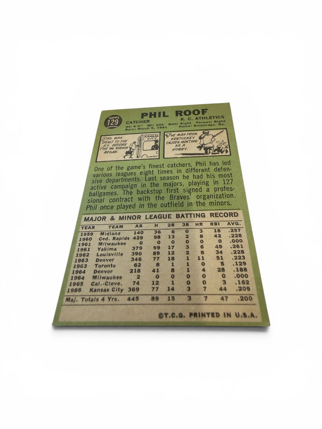 1967 Topps #129 Phil Roof Kansas City Athletics Vintage Baseball Card Catcher