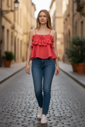 Sienna Sky Women’s Coral Red Ruffle Cami Tank Top – Size Small – New