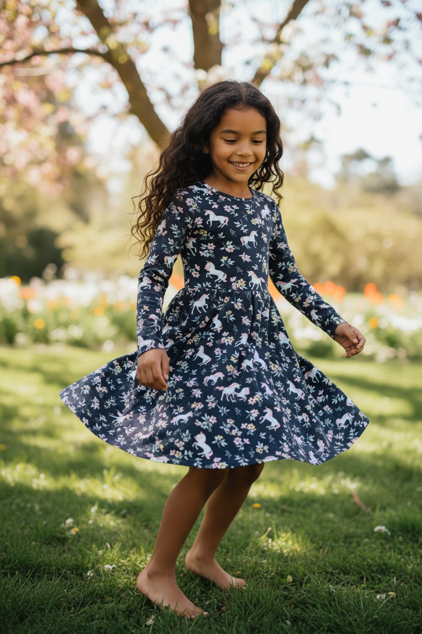 Picapino Girls Navy Unicorn Floral Long Sleeve Dress Size 8 – Gently Used