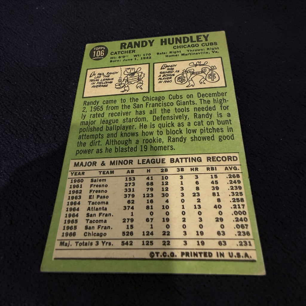 1967 Topps #106 Randy Hundley Chicago Cubs All-Star Rookie Vintage Baseball Card