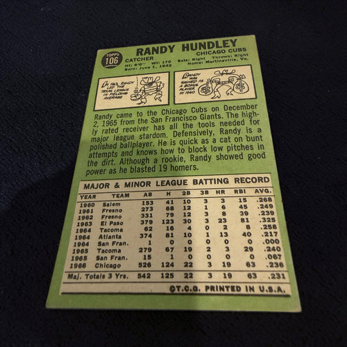 1967 Topps #106 Randy Hundley Chicago Cubs All-Star Rookie Vintage Baseball Card