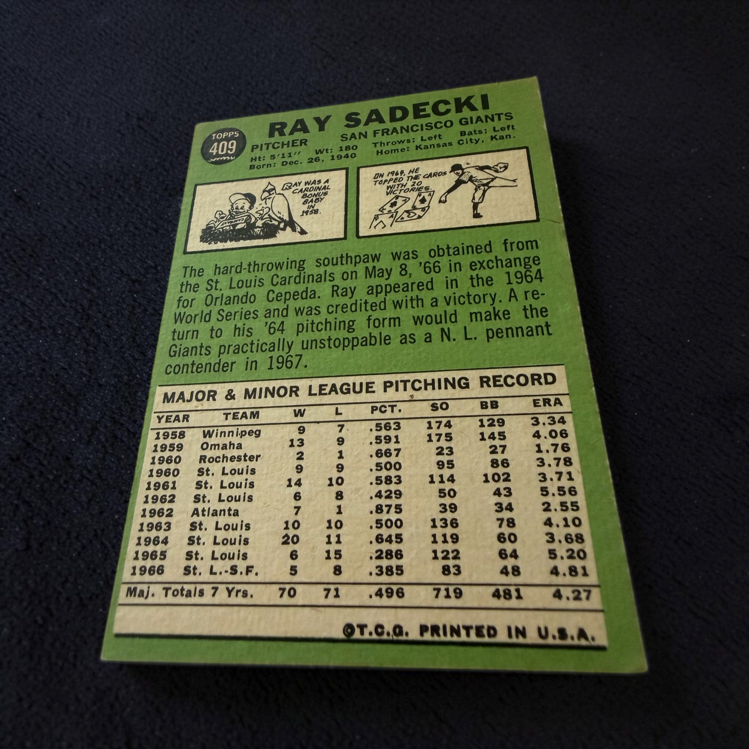 1967 Topps #409 Ray Sadecki San Francisco Giants Vintage Baseball Card
