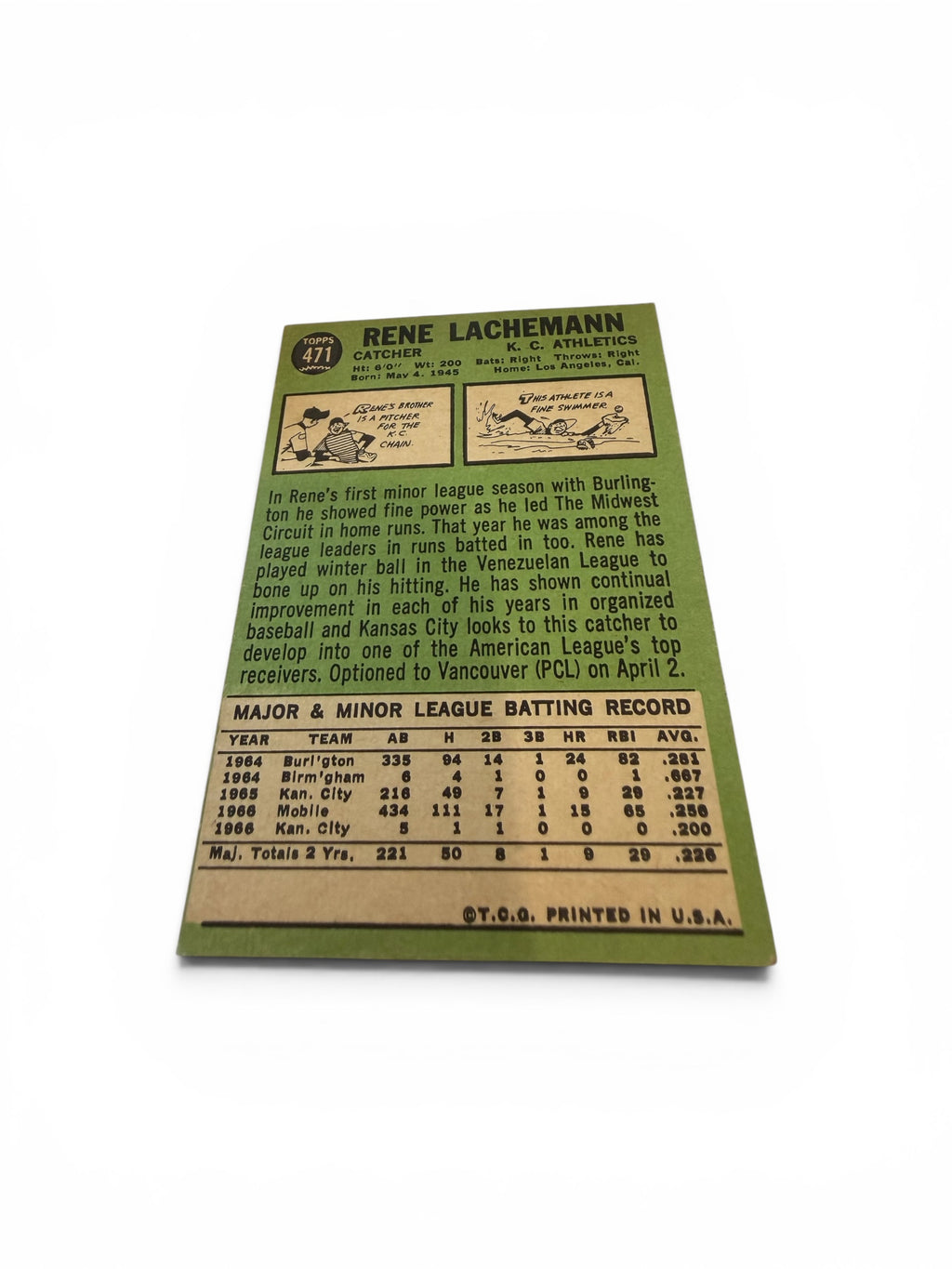 1967 Topps #471 Rene Lachemann Kansas City Athletics Vintage Baseball Card Catcher