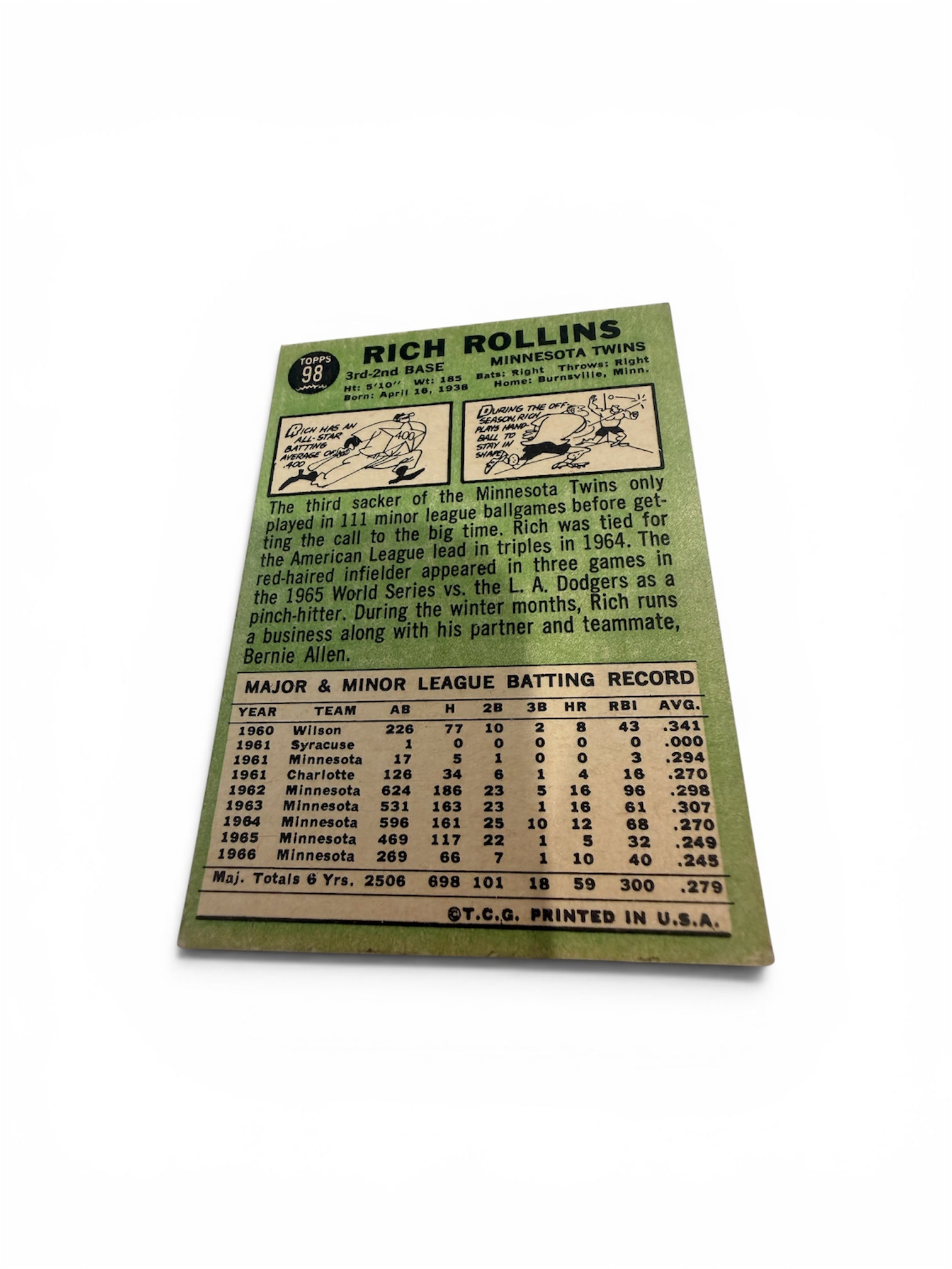 1967 Topps #98 Rich Rollins Minnesota Twins Vintage Baseball Card