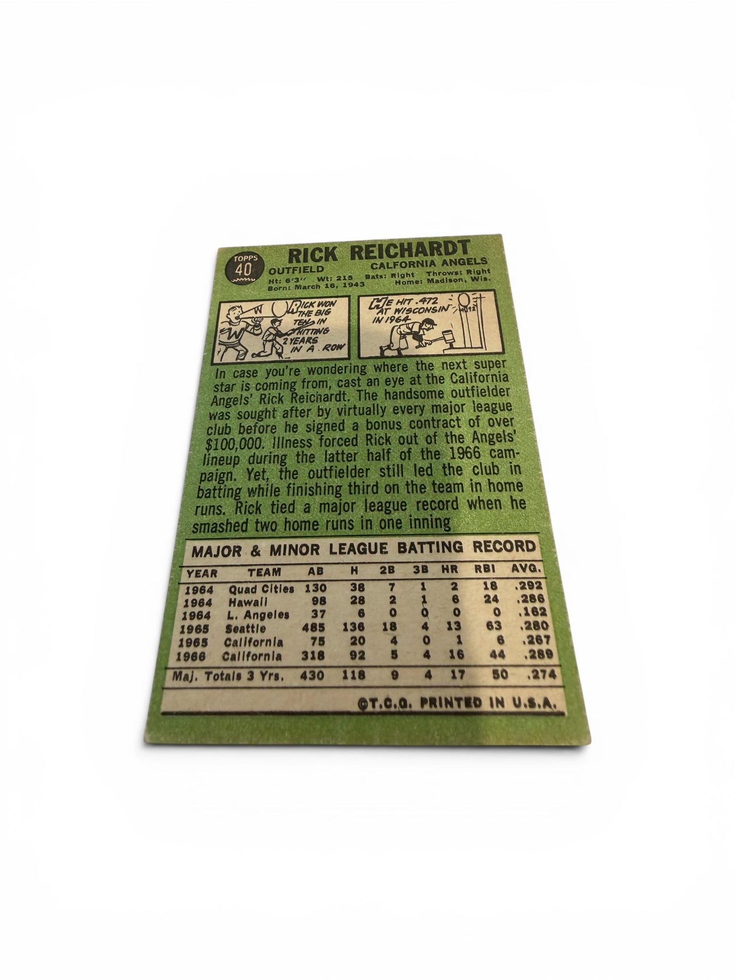 1967 Topps #40 Rick Reichardt California Angels Vintage Baseball Card Outfielder