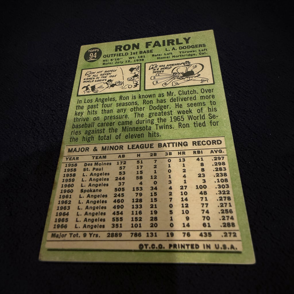 1967 Topps #94 Ron Fairly Los Angeles Dodgers Vintage Baseball Card OF/1B