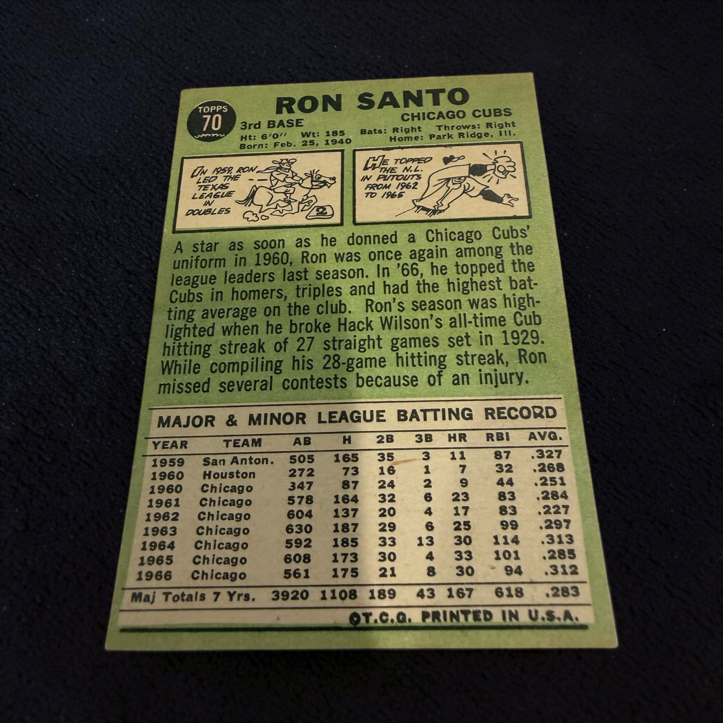 1967 Topps #70 Ron Santo Chicago Cubs Vintage Baseball Card All-Star 3B