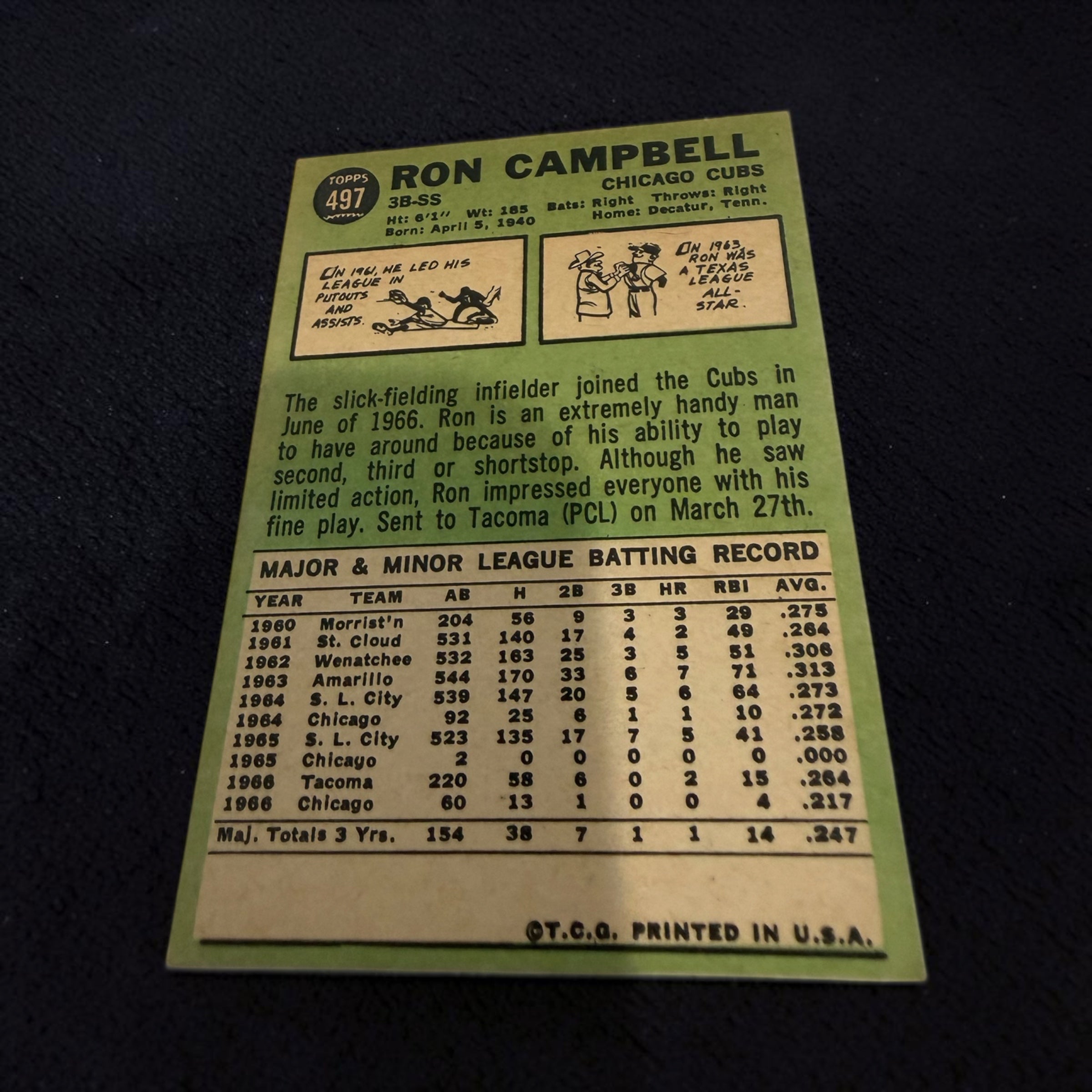 1967 Topps #497 Ron Campbell Chicago Cubs Vintage Baseball Card 3B SS