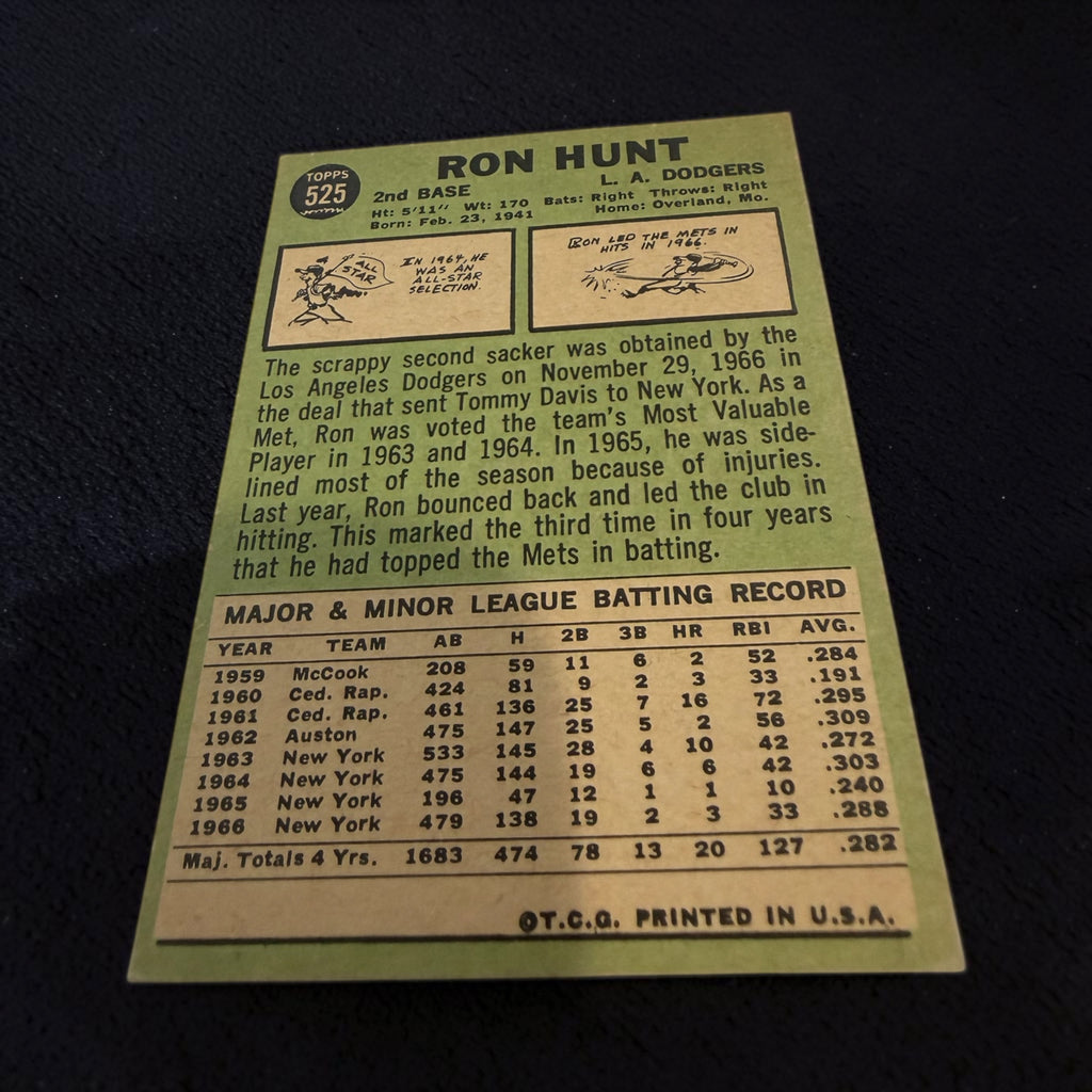 1967 Topps #525 Ron Hunt Los Angeles Dodgers Vintage Baseball Card Second Baseman