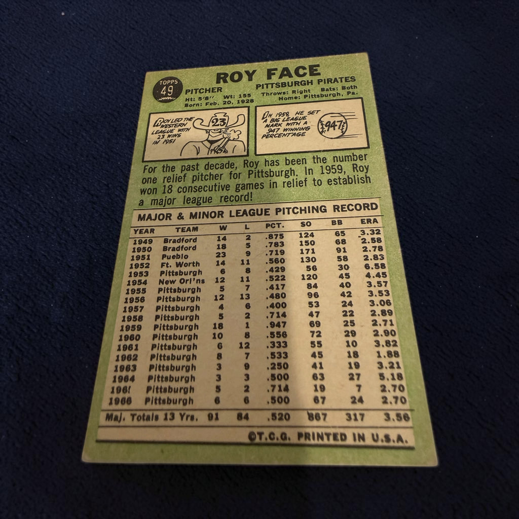1967 Topps #49 Roy Face Pittsburgh Pirates Vintage Baseball Card 3x All-Star