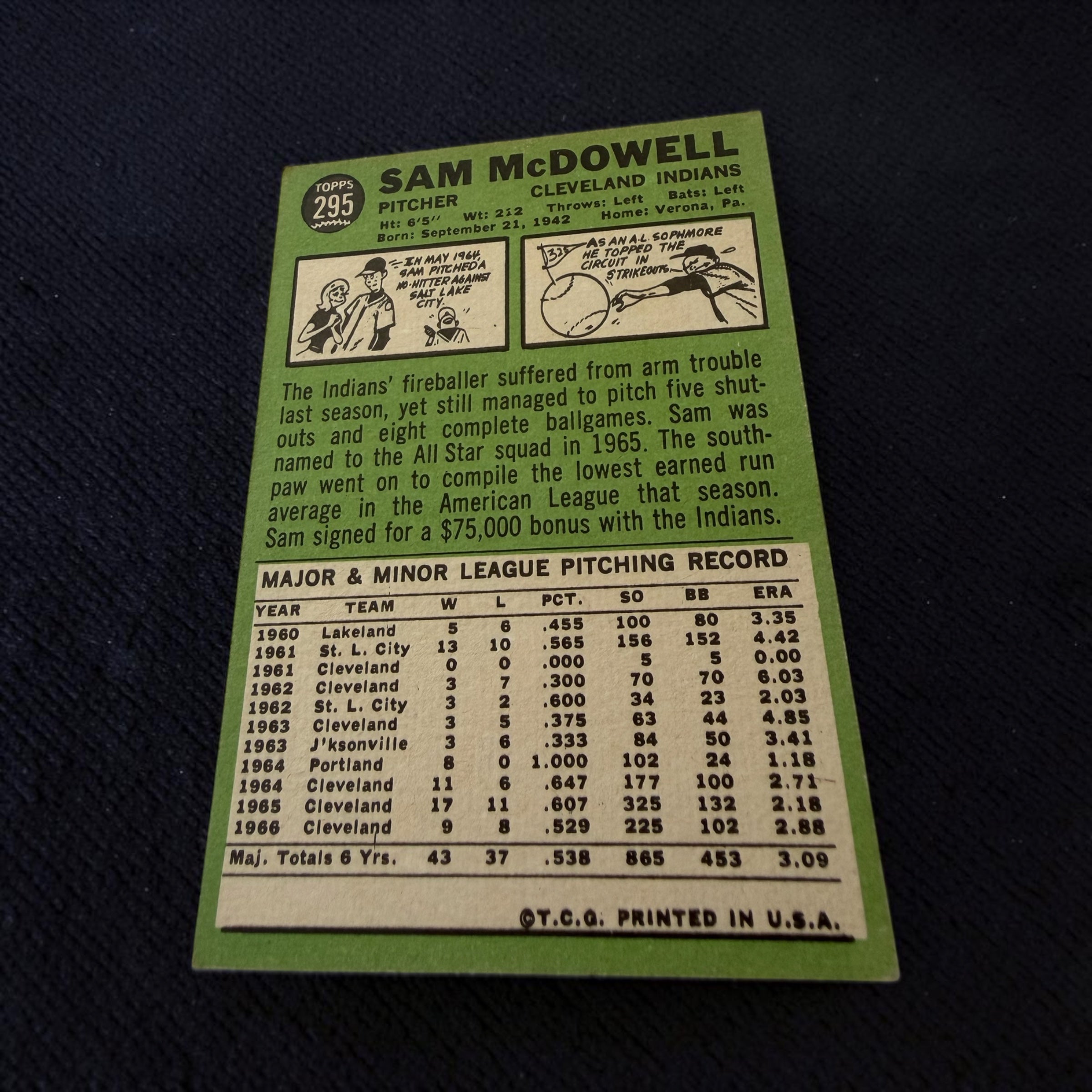 1967 Topps #295 Sam McDowell Cleveland Indians Vintage Baseball Card MLB Strikeout Leader