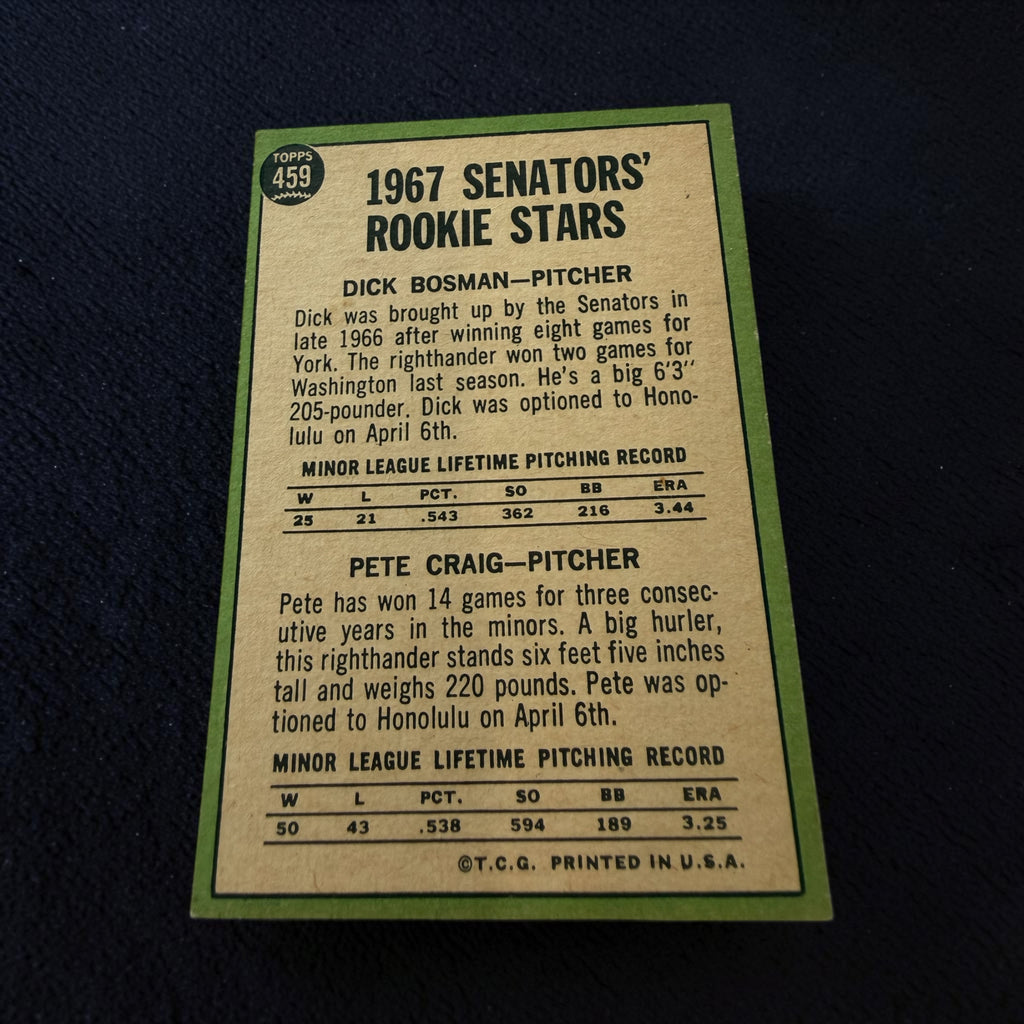1967 Topps #459 Senators Rookie Stars Dick Bosman Pete Craig Vintage Baseball Card MLB