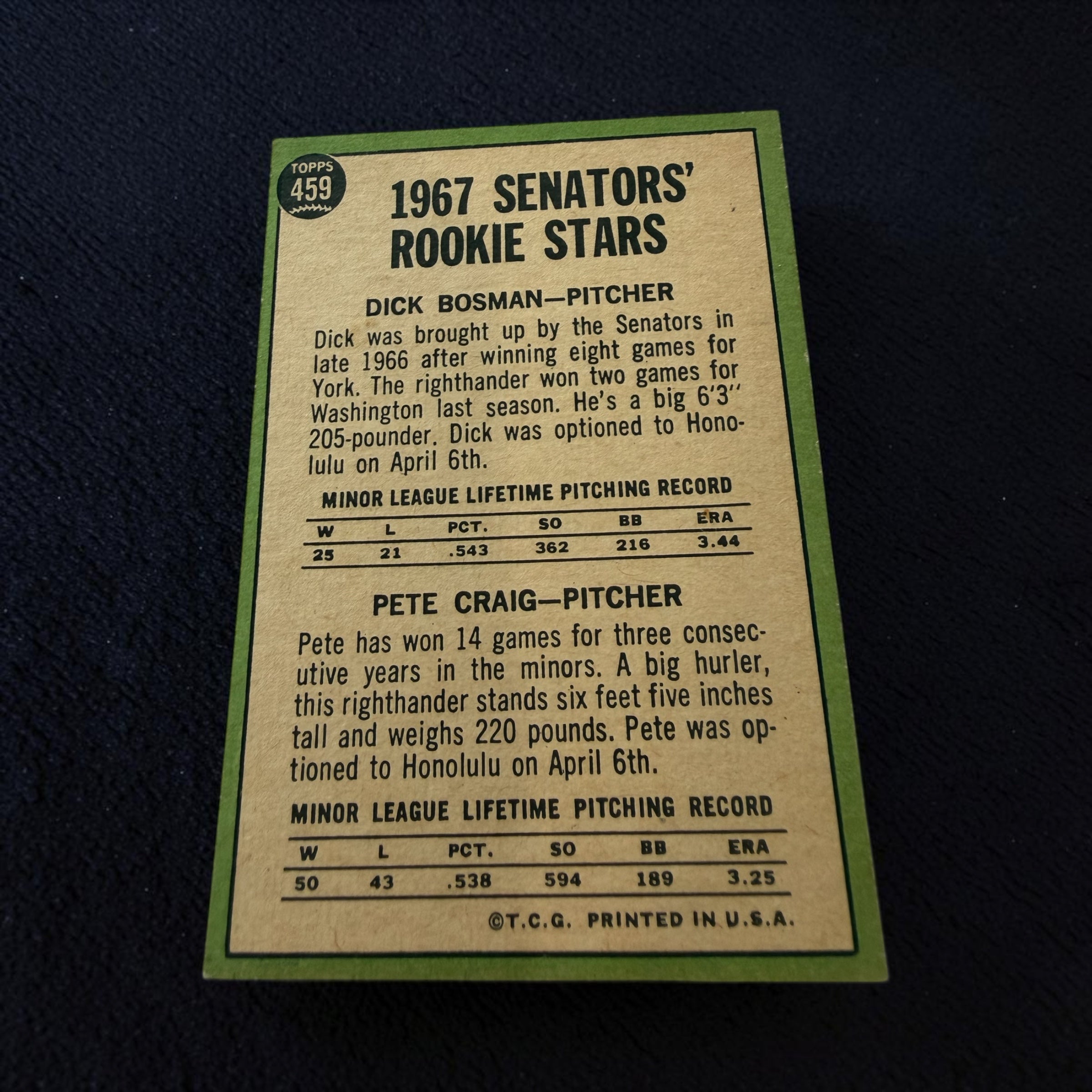 1967 Topps #459 Senators Rookie Stars Dick Bosman Pete Craig Vintage Baseball Card MLB