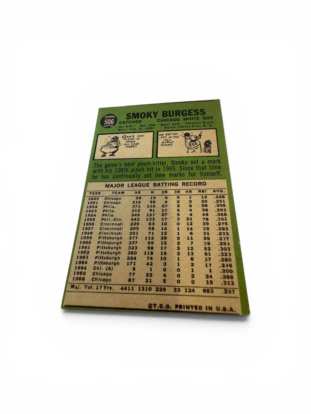 1967 Topps #506 Smoky Burgess Chicago White Sox Vintage Baseball Card