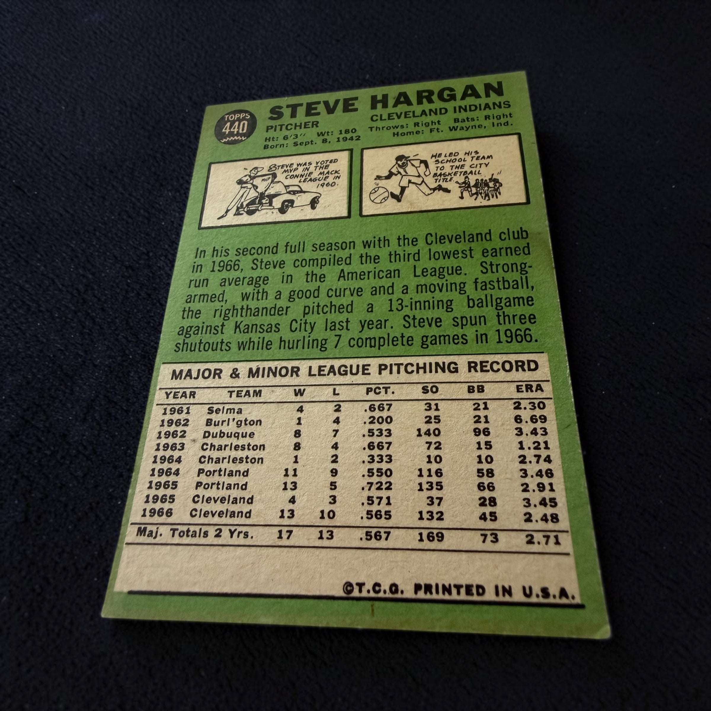 1967 Topps #440 Steve Hargan Cleveland Indians Vintage Baseball Card Right-Handed Pitcher