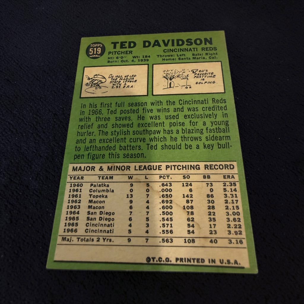 1967 Topps #519 Ted Davidson Cincinnati Reds Vintage Baseball Card