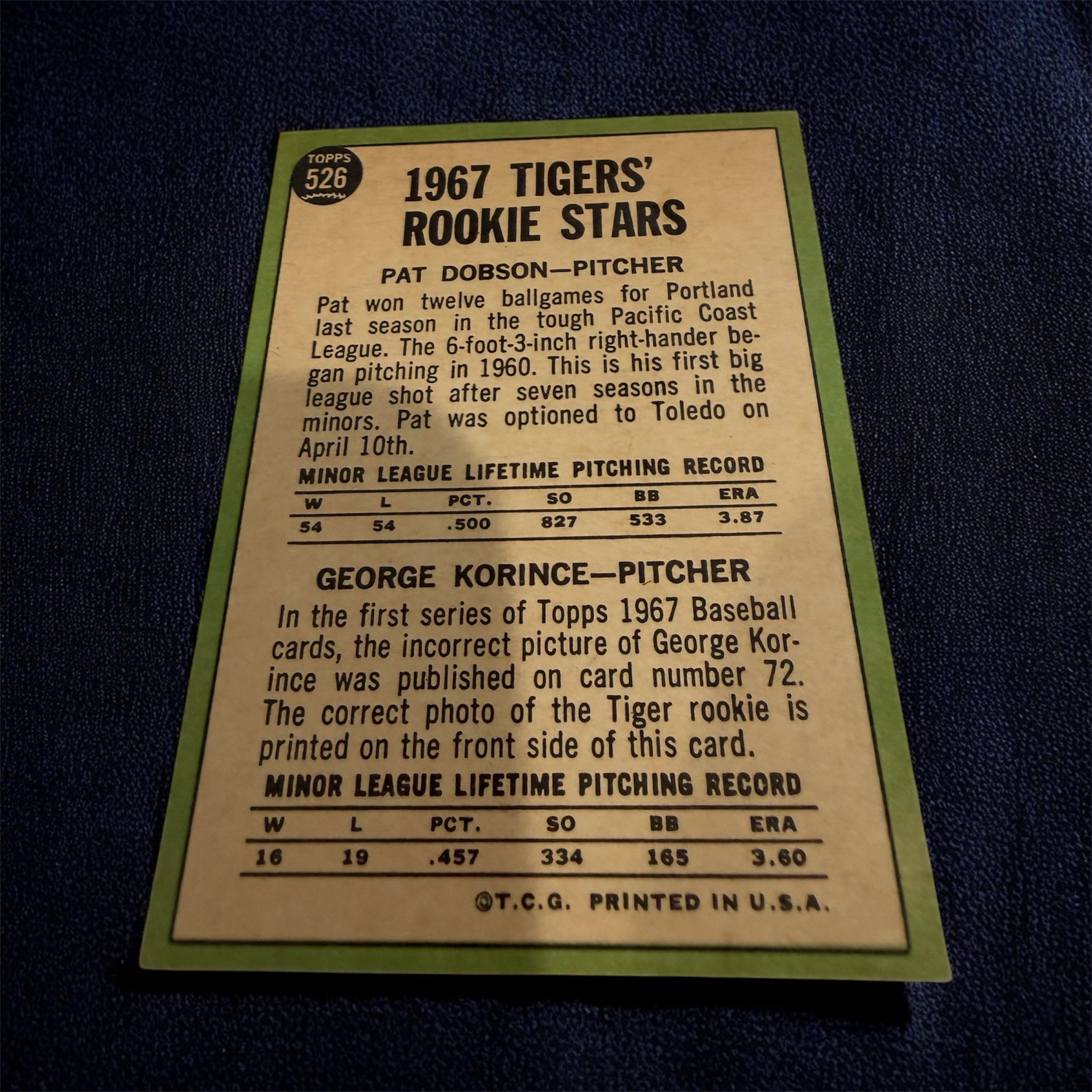 1967 Topps #526 Tigers Rookie Stars Pat Dobson George Korince Vintage Baseball Card