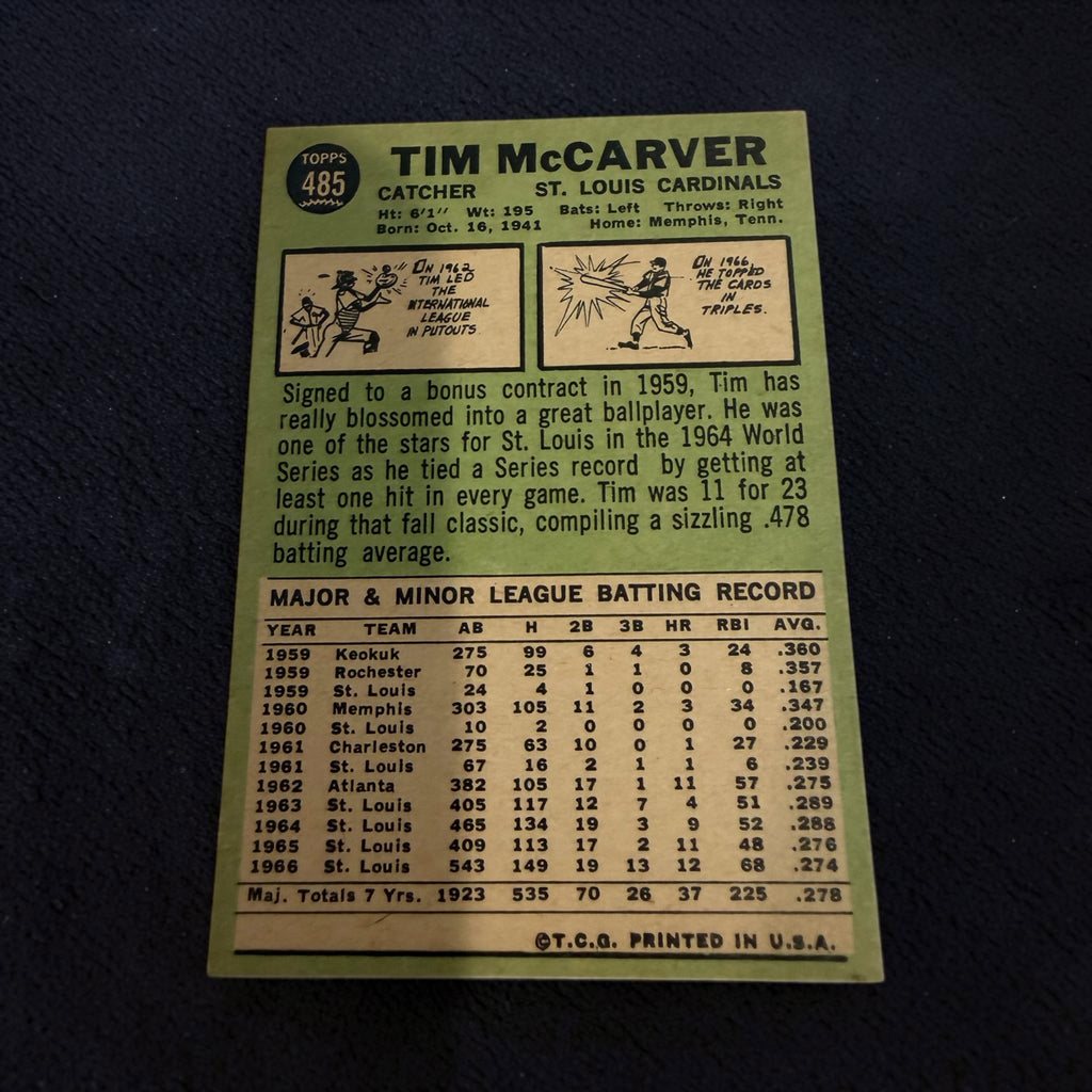 1967 Topps #485 Tim McCarver St. Louis Cardinals Vintage Baseball Card World Series Champion