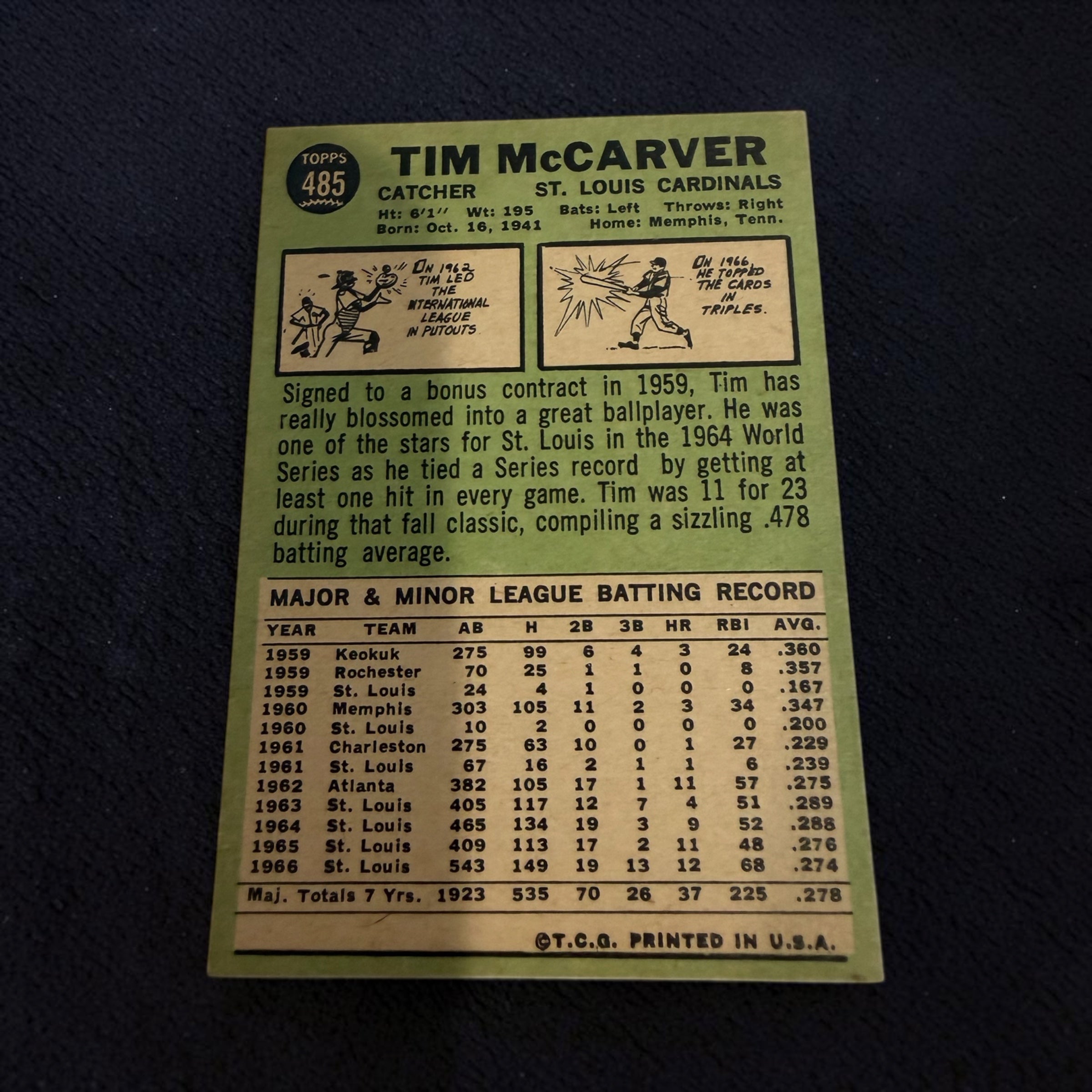 1967 Topps #485 Tim McCarver St. Louis Cardinals Vintage Baseball Card World Series Champion