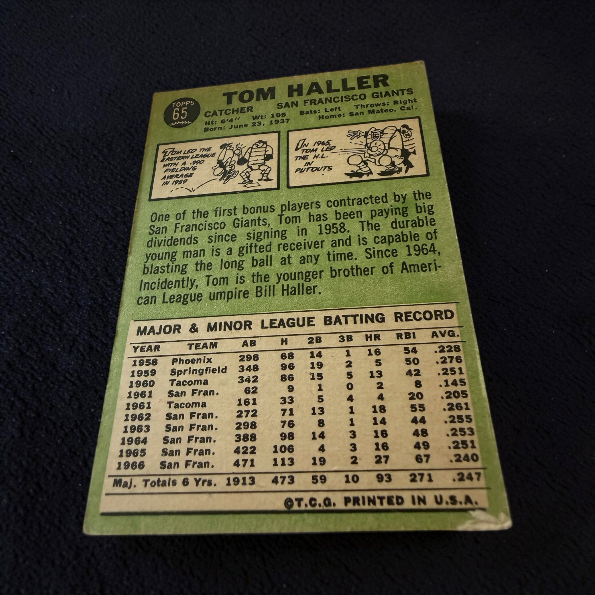 1967 Topps #65 Tom Haller San Francisco Giants Vintage Baseball Card Catcher