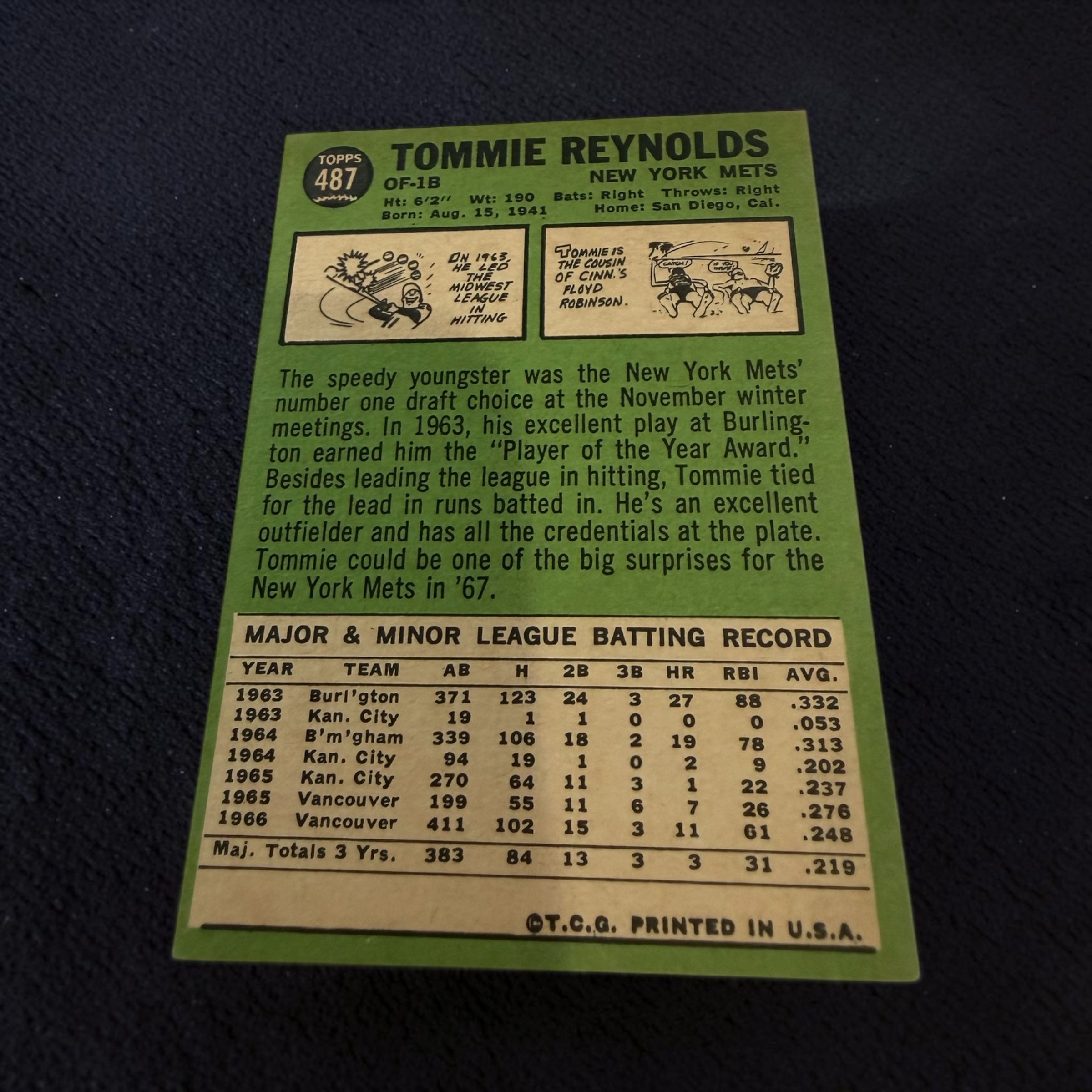 1967 Topps #487 Tommie Reynolds New York Mets Vintage Baseball Card OF/1B