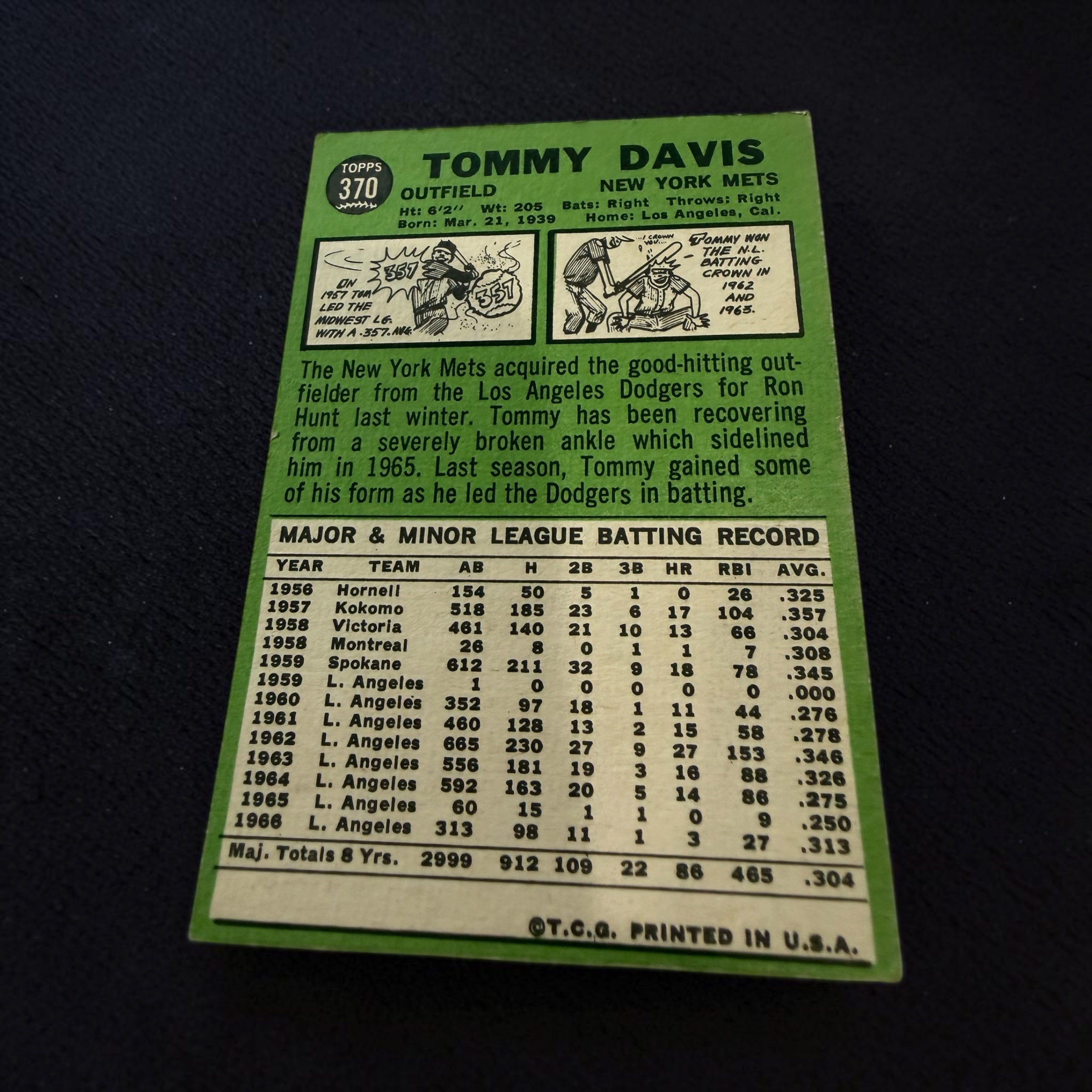 1967 Topps #370 Tommy Davis New York Mets Vintage Baseball Card