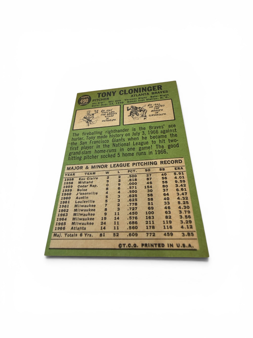 1967 Topps #490 Tony Cloninger Atlanta Braves Vintage Baseball Card MLB Pitcher