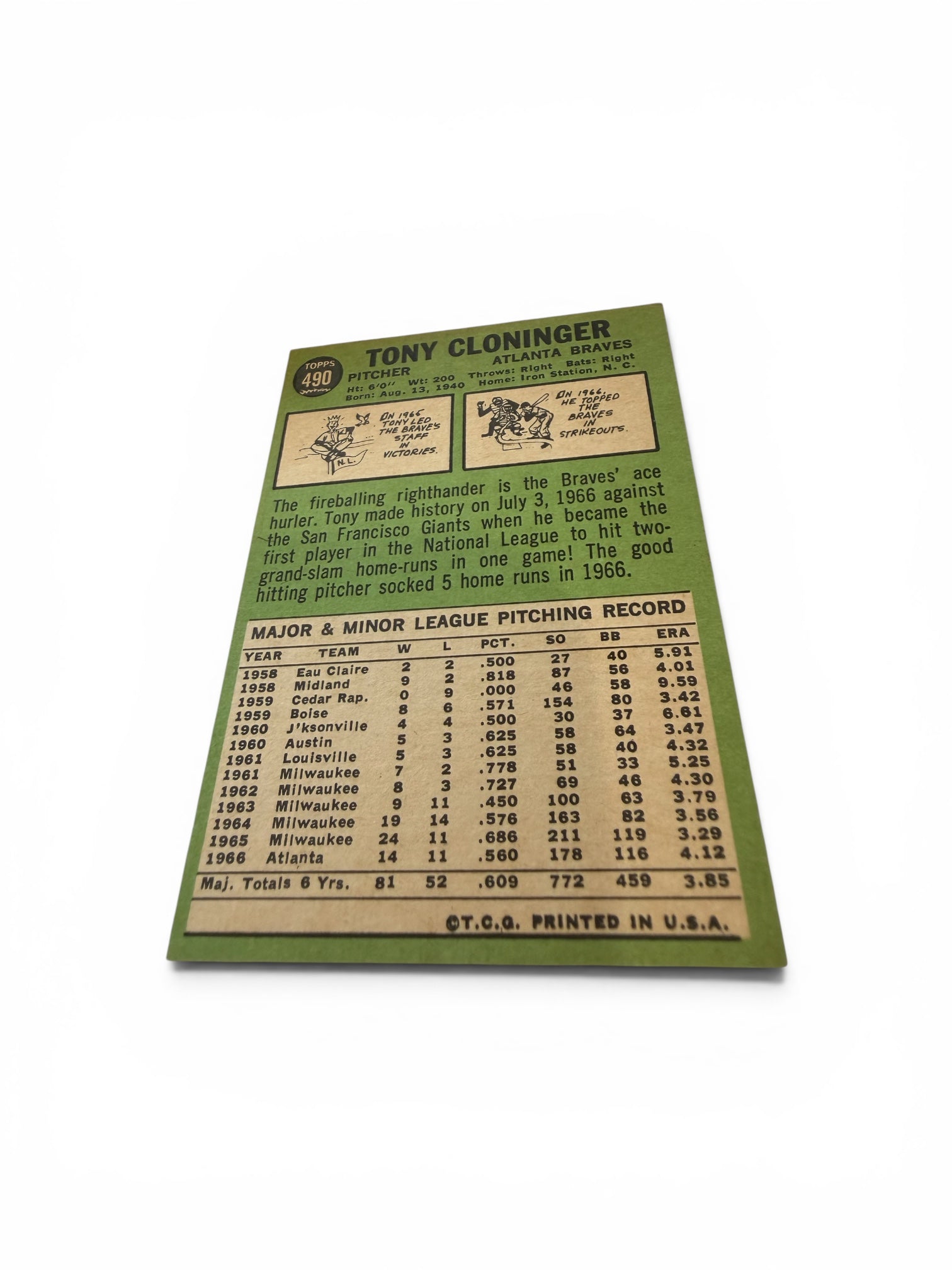 1967 Topps #490 Tony Cloninger Atlanta Braves Vintage Baseball Card MLB Pitcher