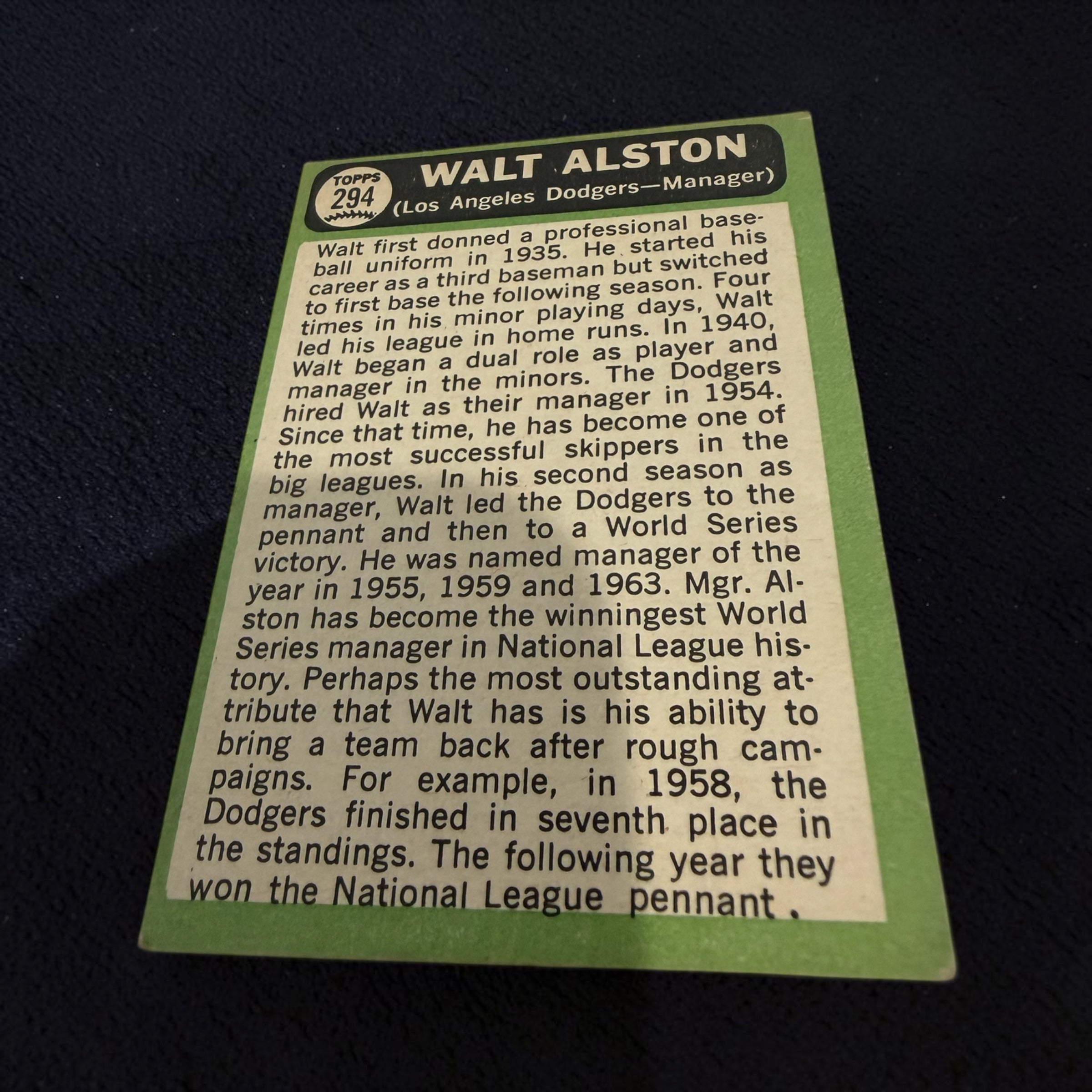 1967 Topps #294 Walt Alston Los Angeles Dodgers Manager Vintage Baseball Card Hall of Fame