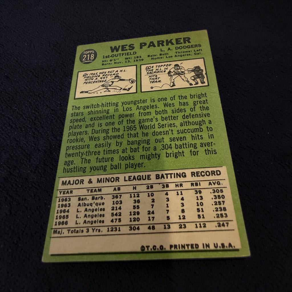 1967 Topps #218 Wes Parker Los Angeles Dodgers Vintage Baseball Card Gold Glove 1B