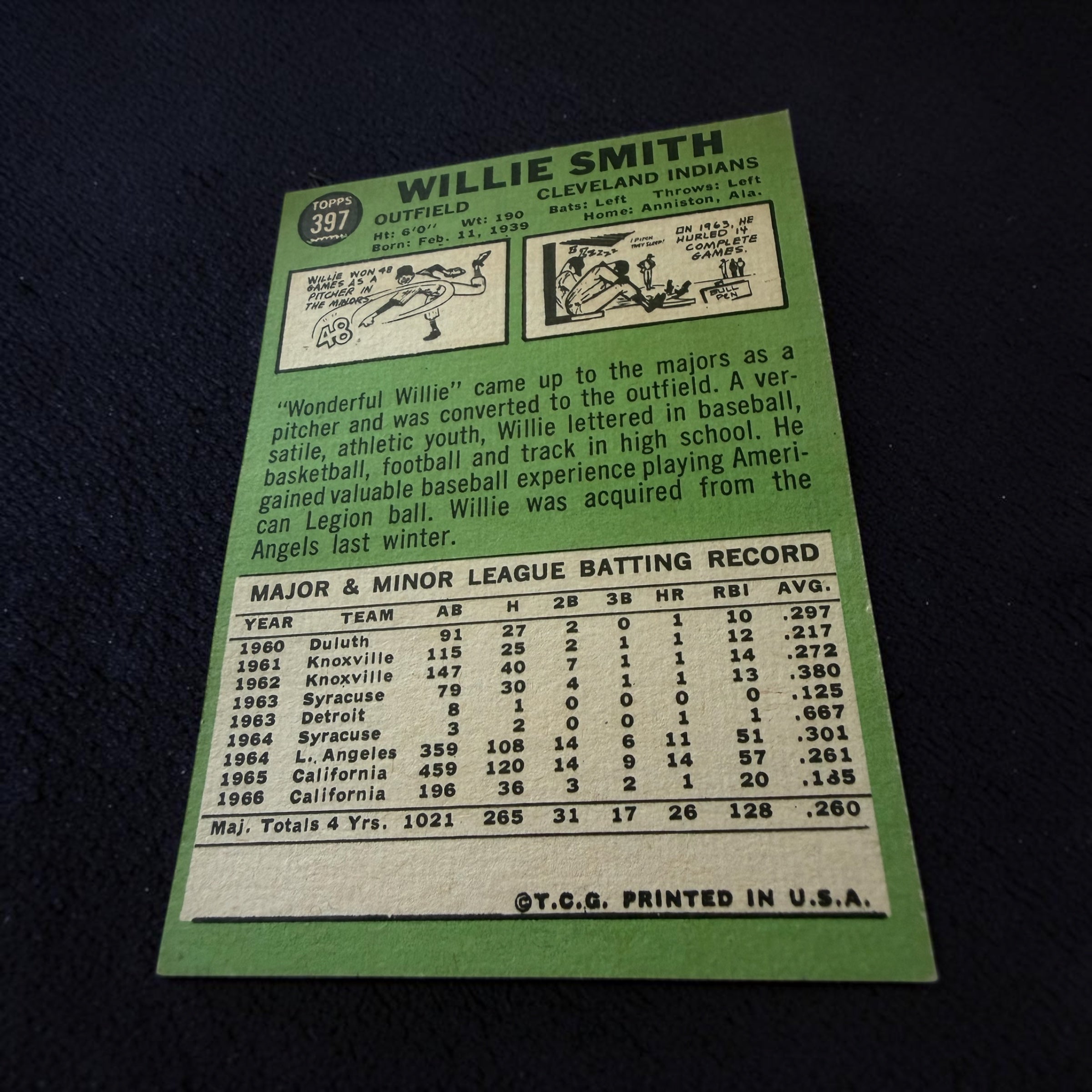 1967 Topps #397 Willie Smith Cleveland Indians Vintage Baseball Card Outfielder MLB